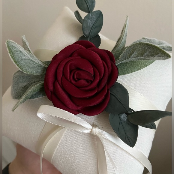 NWOT Burgundy Rosette Ring Bearer Pillow with Sage Greenery - Picture 3 of 3